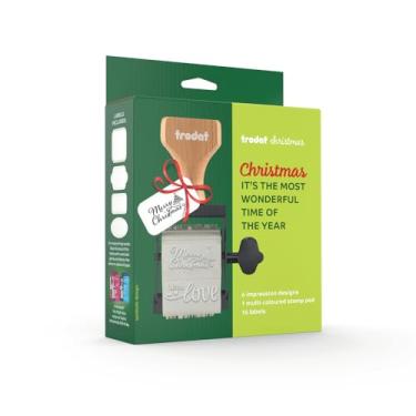 Imagem de Trodat Carimbo versátil para etiquetar presentes de Natal, faça você mesmo, presentes de decoração, cartões e papel de embrulho - conjunto de carimbos com 6 mensagens, bloco de 3 cores - preto, verde
