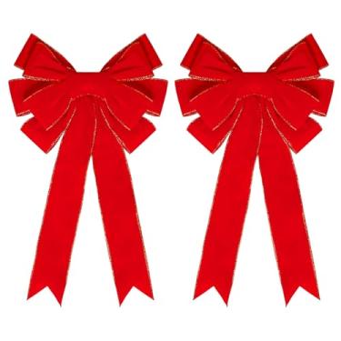 Imagem de hoyuwak 2 peças de laços vermelhos de Natal, decorações ao ar livre, 28 x 50 cm, laço de guirlanda de veludo com borda dourada com glitter, arco grande para árvore de Natal, decoração de casa, ao ar