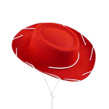 Imagem de Chapéu de cowboy para - Chapéu de fazendeiro ocidental de feltro macio com cordão de queixo, acessório de fantasia do Velho Oeste Vermelho