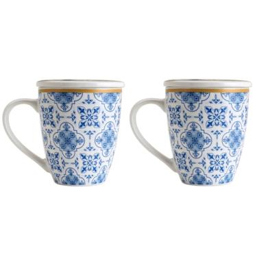 Imagem de Kit 02 Canecas para Chá de Porcelana com Tampa 340 ml Lyor