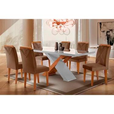 Imagem de Sala De Jantar Completa Imperatriz Tampo Madeirado C- Vidro Curvo 180x90 E 6 Cadeiras Amsterdã Imbuia-veludo Capuccino - Rufato
