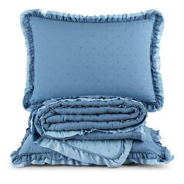 Imagem de Kit Cobre Leito Colcha Lilian Queen 3 Peças Matelado Dupla Face Micropercal 200 Fios - Azul - 100% Poliéster