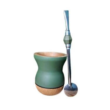 Imagem de TaçAs de Vinho, Copos de Mate,Cuia Chimarrao，Kit Cuia Madeira Bicolor Premium Bomba Inox ，Cuia de ChimarrãO(BB Verde Mata + Bomba Pedra)