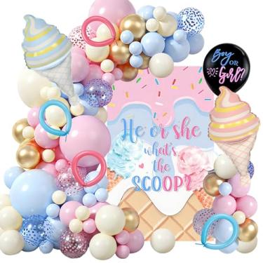 Imagem de Whats The Scoop Gênero Reveal Decorações - Sorvete Revelação de Gênero Ideias, Qual é o pano de fundo de colher balões ele ou ela artigos de festa, menino ou menina, decorações de chá de bebê rosa e