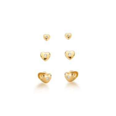 Imagem de Trio De Brincos Corações Com Ponto De Luz Banhado A Ouro 18k