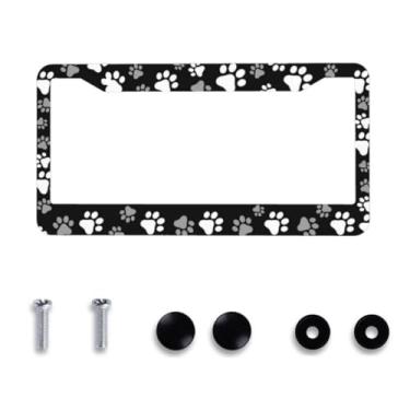 Imagem de Moldura de placa de licença com estampa de pata - 1 pacote personalizado preto branco design de pata de cachorro capas de placa de carro de alumínio metal novidade suporte de etiqueta de carro com 2