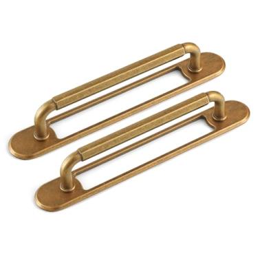 Imagem de Goo-Ki Pacote com 2 puxadores de armário de latão antigo com placa traseira/espaçador, orifício central de 12 cm para gaveta de cozinha, puxadores de armário com placa de base, ferragens de liga de