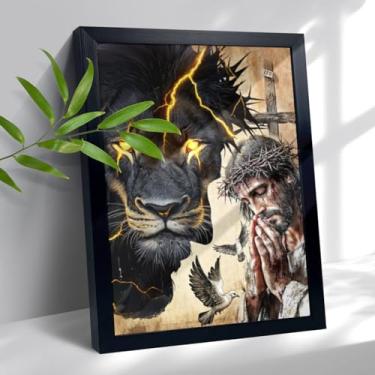 Imagem de Arte de parede em tela Jesus e leão emoldurada cristão Jesus tela decoração de parede religiosa Deus pintura impressão imagens Cristo decoração de arte para sala de estar quarto igreja presentes