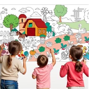 Imagem de Zharkoo Toalha de mesa para colorir para crianças, toalha de mesa de desenho de festa de animais de fazenda, capa grande de papel para colorir, atividade de desenho faça você mesmo, material de arte