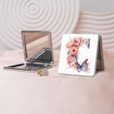 Imagem de Espelho de maquiagem portátil da série Floral Alphabet, mini espelho de maquiagem portátil dobrável, espelho de contorno quadrado portátil com dupla face, adequado para todas as pessoas usarem em