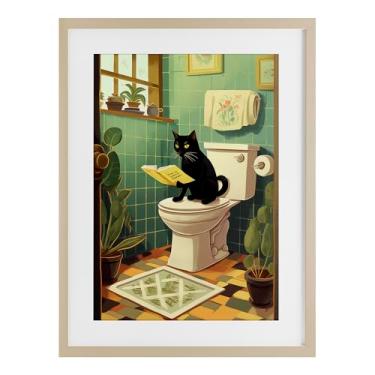 Imagem de Stupell Industries Impressão emoldurada de bétula de gato lendo no banheiro, design por Andreas Magnusson, 50 x 35 cm