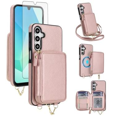 Imagem de Capa de telefone para Samsung Galaxy A17/A26 5G carteira com zíper capa protetora de tela transversal alça magnética destacável compatível com bloqueio de RFID MagSafe Flip A 17 26 17A ouro rosa