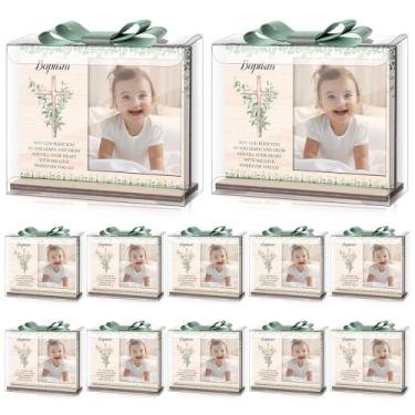 Imagem de Conjunto de 12 molduras de madeira para fotos de batismo, presentes de batismo católico, lembrancinha de chá de bebê com laços e caixas de plástico transparente para decoração religiosa de primeira