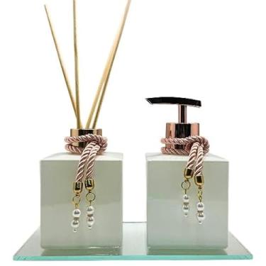 Imagem de Kit de Frascos de Vidro Luxo para Lavabo - 02 Frascos 250ml, Bandeja Espelhada, Válvula Pump e Varetas - Disponível em Prata, Dourado, Rose e Preto(ROSE)