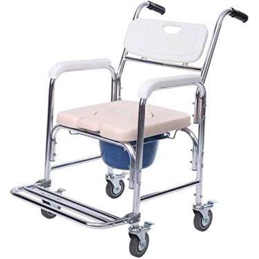 Imagem de Cadeira de vaso sanitário para quarto com rodas, cadeira de rodas de transporte de cômoda de cabeceira para idosos e deficientes, cadeira de banheiro com rodas com apoio para os pés, capacidade de