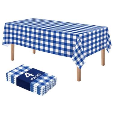 Imagem de DaiUni Pacote com 4 toalhas de mesa xadrez azuis e brancas – Toalha de mesa xadrez descartável de plástico 137 x 272 cm, capas de mesa de piquenique à prova d'água para festa de aniversário