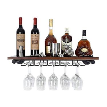 Imagem de Prateleiras de vinho de parede de madeira Rack de ferro de metal em bar Loft doméstico pinho pendurado na parede copo de vinho champanhe copo copo rack suporte de garrafa de vinho (tamanho: 60 x 24 cm