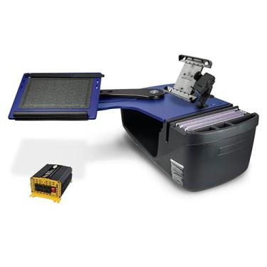 Imagem de AutoExec Alcance o banco traseiro da mesa para a estação de trabalho do seu veículo e escritório móvel, azul, com inversor de potência de 400 watts, suporte para telefone e suporte para tablet