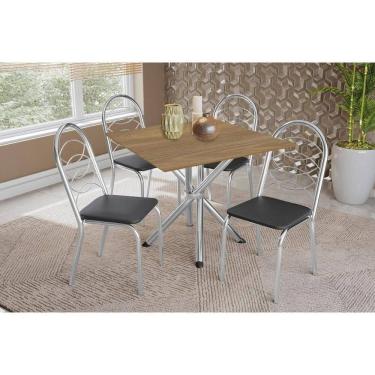 Imagem de Sala De Jantar Completa Volga C/ Tampo De Madeira 90cm E 4 Cadeiras Holanda Cromado/nogueira - Preto - Kappesberg