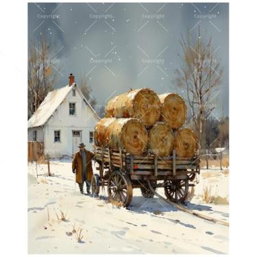 Imagem de Kit de pintura de fazenda de inverno por números para adultos - Fazendeiro faça você mesmo com vagão de feno em pintura de inverno em tela 40,6 x 50,8 cm, conjunto de tinta acrílica, adequado para