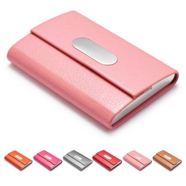 Imagem de FACATH Porta-cartões de visita para mulheres, couro PU e aço inoxidável, porta-cartões de visita, carteira para cartões de crédito, bolso de metal, porta-cartões de visita com fecho magnético - rosa