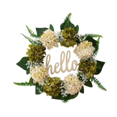 Imagem de rockible Grinalda de folhas verdes de hortênsia, guirlanda de eucalipto de 20 polegadas, guirlanda de flores suspensa, guirlanda de porta para lareira externa,