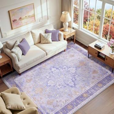 Imagem de RELEANY Tapetes de área, 1,8 m x 2,5 m, lavável, antiderrapante, estampa floral, vintage, tapete medalhão para sala de estar, quarto, sala de jantar, roxo claro e marrom