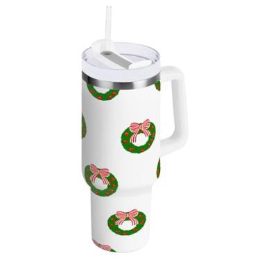 Imagem de Blueangle Copo de guirlanda de Natal de 1,134 g com alça e tampa de palha, copo isolado reutilizável de aço inoxidável garrafa de água caneca de viagem (675)