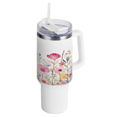 Imagem de xigua Copo vintage de flores silvestres de 1,134 g com alça e canudo, aço inoxidável duplo isolado a vácuo garrafa de água suporte de copo de garrafa de água amigável à prova de vazamento copo de