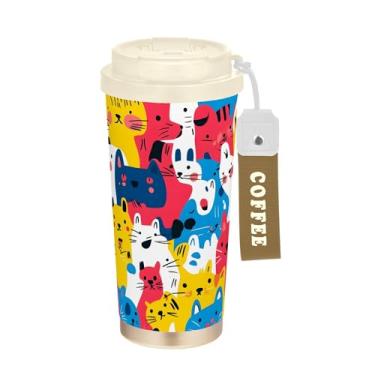 Imagem de SEHANY Caneca de viagem de gato gatinho fofo de 482 g xícaras de café reutilizáveis revestidas de cerâmica com tampa à prova de vazamento, parede dupla, isolamento a vácuo, copo de café de aço