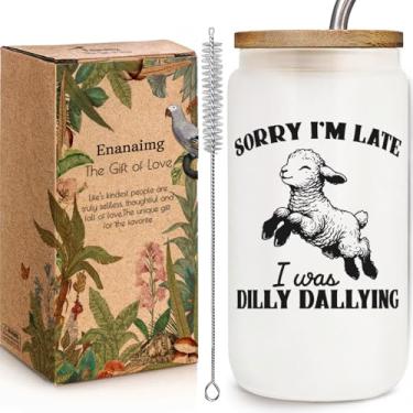 Imagem de Enanaimg Funny Office Sorry Copo de vidro de 473 ml com tampa e canudo presente para colegas de trabalho Boss Friends, Sorry I'm Late I was Dilly Dallying, designs de inspiração retrô aniversário
