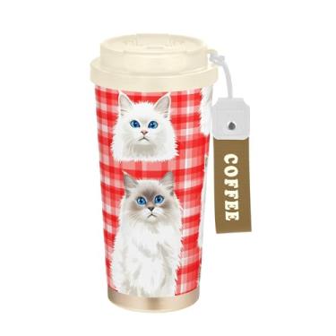 Imagem de SEHANY Caneca de viagem de gato gatinho fofo de 482 g xícaras de café reutilizáveis revestidas de cerâmica com tampa à prova de vazamento, parede dupla, isolamento a vácuo, copo de café de aço