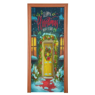 Imagem de ATTX Capa para porta da frente da guirlanda de Natal - Decoração de férias de tecido elástico lavável para festas, casa, decoração de porta da frente, 91 x 242 cm (158)