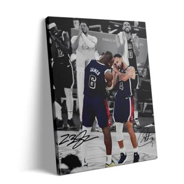 Imagem de NBA Canvas Wall Art Decor - LeBron James e Stephen Curry Team USA Basketball Print, pôster icônico de celebração do sono, arte de parede esportiva para sala de jogos, escritório, presente para fãs de
