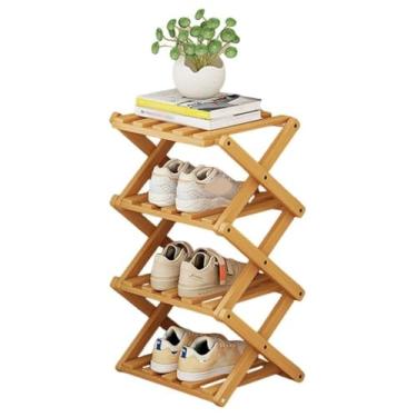 Imagem de SPXMQSS Sapateira dobrável de bambu, sapateiras portáteis de madeira, armário de sapatos de pé livre, prateleira de armazenamento multifuncional para entrada no quarto, sem instalação, marrom, 4