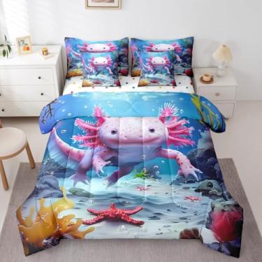Imagem de Jogo de cama de casal Axolotl de 7 peças, lençol com estampa de animal anfíbio e peixe marinho, salamandra, réptil, oceano azul, salamandra, kawaii, decoração de quarto
