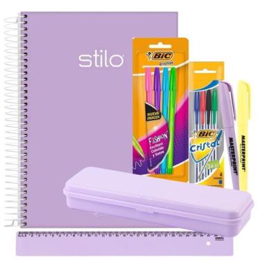 Imagem de Caderno Espiral 10m Capa Dura 160 folhas Rosa ou Lilás Pastel + Kit Es