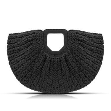 Imagem de QTKJ Bolsa de palha, bolsas de praia para mulheres, bolsa de mão de praia de tecido semicircular, bolsa de mão de vime feita à mão para férias e viagens diárias (preto), Preto