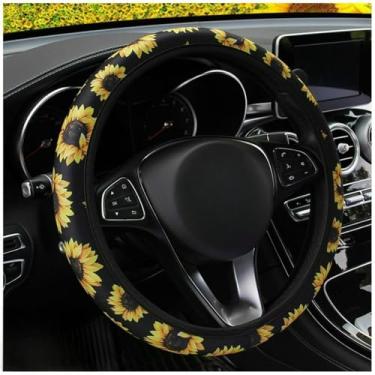 Imagem de Knonip Capa de volante com design de girassol de 38 cm, aderência durável antiderrapante inodora, ajuste elástico universal, acessórios de decoração de interiores de carro (preto)