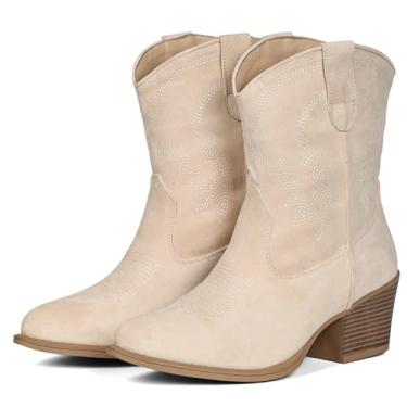 Imagem de IXU Botas caubói femininas cano curto cano curto bota clássica cano médio bico fino botas curtas grossas, Camurça bege, 36