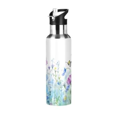 Imagem de Wassud Garrafa de água esportiva de aço inoxidável com canudo garrafas de água com isolamento de palha, portátil, campo de flores em aquarela (2) copos de 946 ml