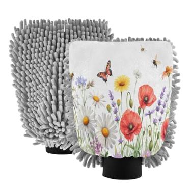 Imagem de STAYTOP Lindas luvas de lavagem de carro com flores e borboletas, 2 peças, luvas de microfibra de chenille, sem arranhões, panos de esponja de lavagem ultra absorventes para carros, limpeza doméstica