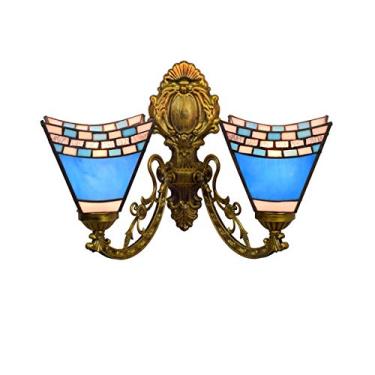 Imagem de Arandela de parede estilo Tiffany com 2 lâmpadas, cor azul mediterrânea, com cúpula de vitral vintage de 15 cm (6 polegadas), ideal para quarto, sala de estar, corredor e varanda, soquete E2