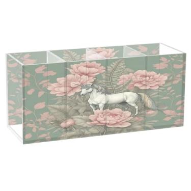 Imagem de Burbuja Porta-canetas de acrílico com cavalo em flor, 4 compartimentos, suporte de lápis transparente para pincéis de maquiagem, acessórios de mesa de escritório em casa