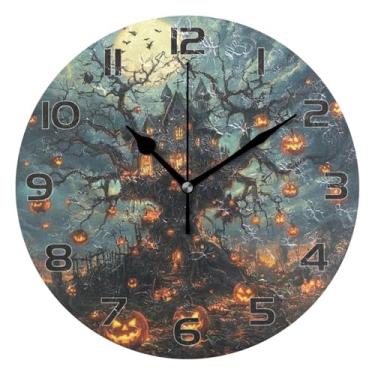 Imagem de YETTASBIN Relógio de parede de castelo de Halloween, silencioso, sem tique-taque, operado por bateria, relógio redondo decorativo criativo para cozinha, sala de estar, banheiro, decoração de