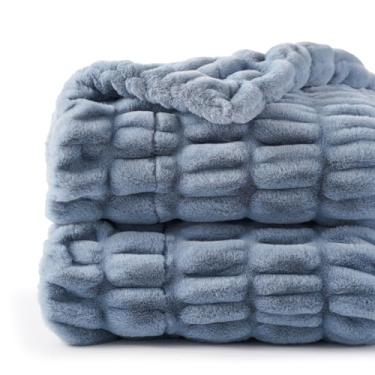Imagem de BATTILO HOME Cobertor de pele sintética de coelho franzido para sofá, cobertores e mantas de pele super macia dupla face, cinza, azulado, cobertor aconchegante para cama, 127 x 152 cm