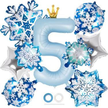 Imagem de Balão de coroa número 5 de 101 cm, decorações de festa de 5º aniversário azul, balões de Mylar de folha de flocos de neve para decorações de festa de aniversário com tema de inverno (número 5)