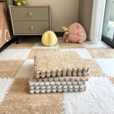 Imagem de 12Pcs Plush Foam Floor Mat,Plush Interlocking Carpet Tiles,Anti-Slip Square Puzzle Floor Mat,EVA Foam Area Rugs for Bedroom Playroom (White + Beige)