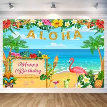 Imagem de Pano de fundo havaiano Aloha, faixa de festa de luau de verão, flamingo de praia tropical, folhas de palmeira para piscina, aniversário, chá de bebê, suprimentos de festa, adereços de cabine de fotos