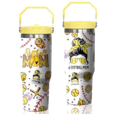 Imagem de Kearscupra Copo de softbol Mom MaMa de 850 g com alça e canudo para mulheres, presente de aniversário de dia das mães, copo de aço inoxidável isolado para treinador esportivo com tampa, caneca de café
